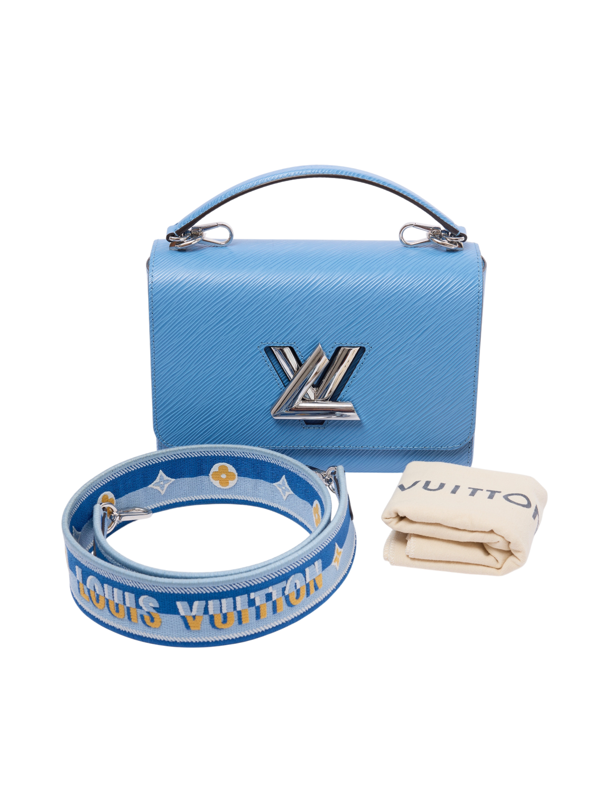 Hera Collective Louis Vuitton blue Epi leather Twist MM handbag with silver LV logo and patterned guitar strap