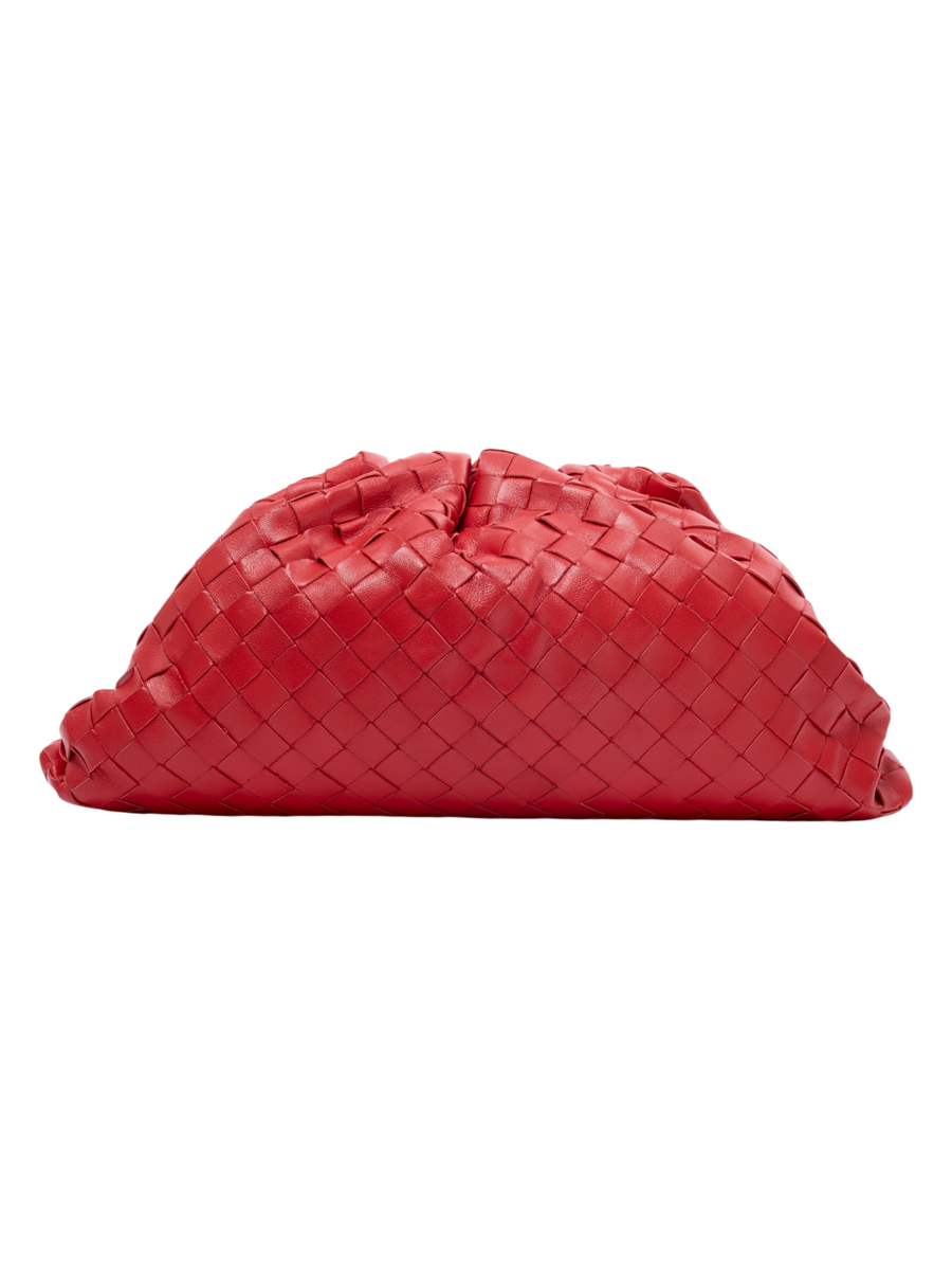Hera Collective Bottega Veneta red leather The Pouch clutch featuring signature Intrecciato woven design