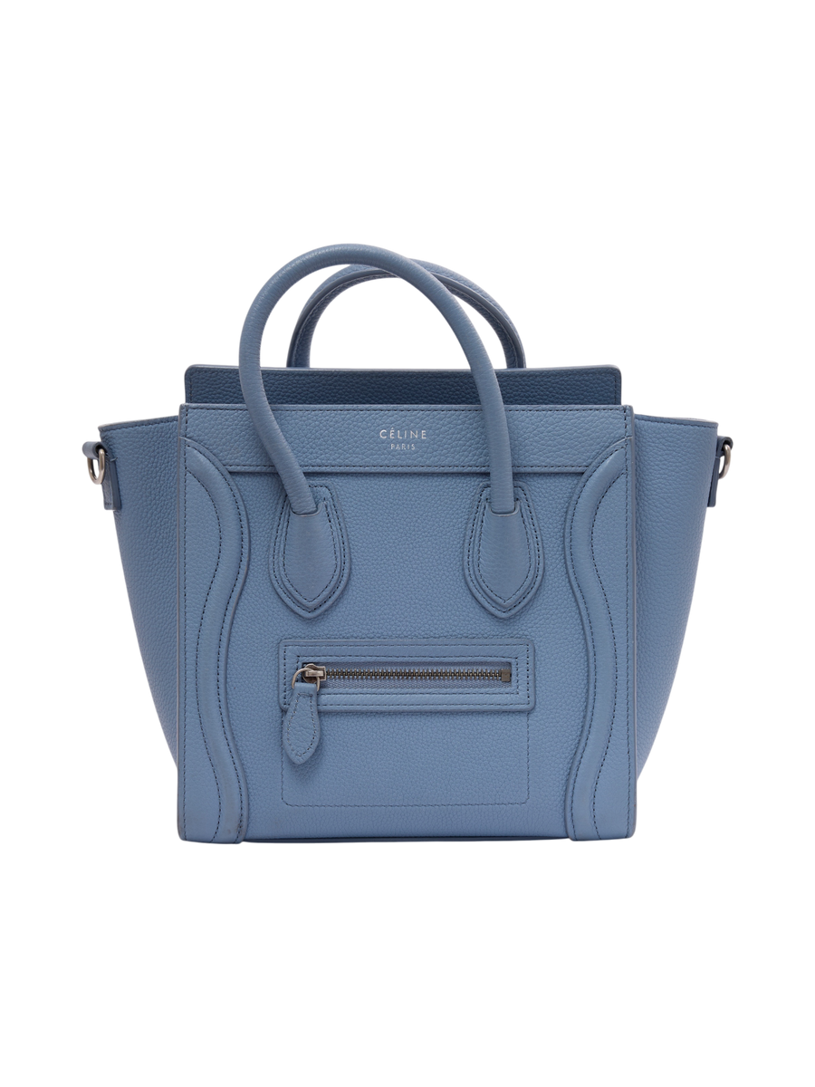 Hera Collective Celine Nano Luggage tote bag in baby blue grained leather with front zip pocket and top handles
