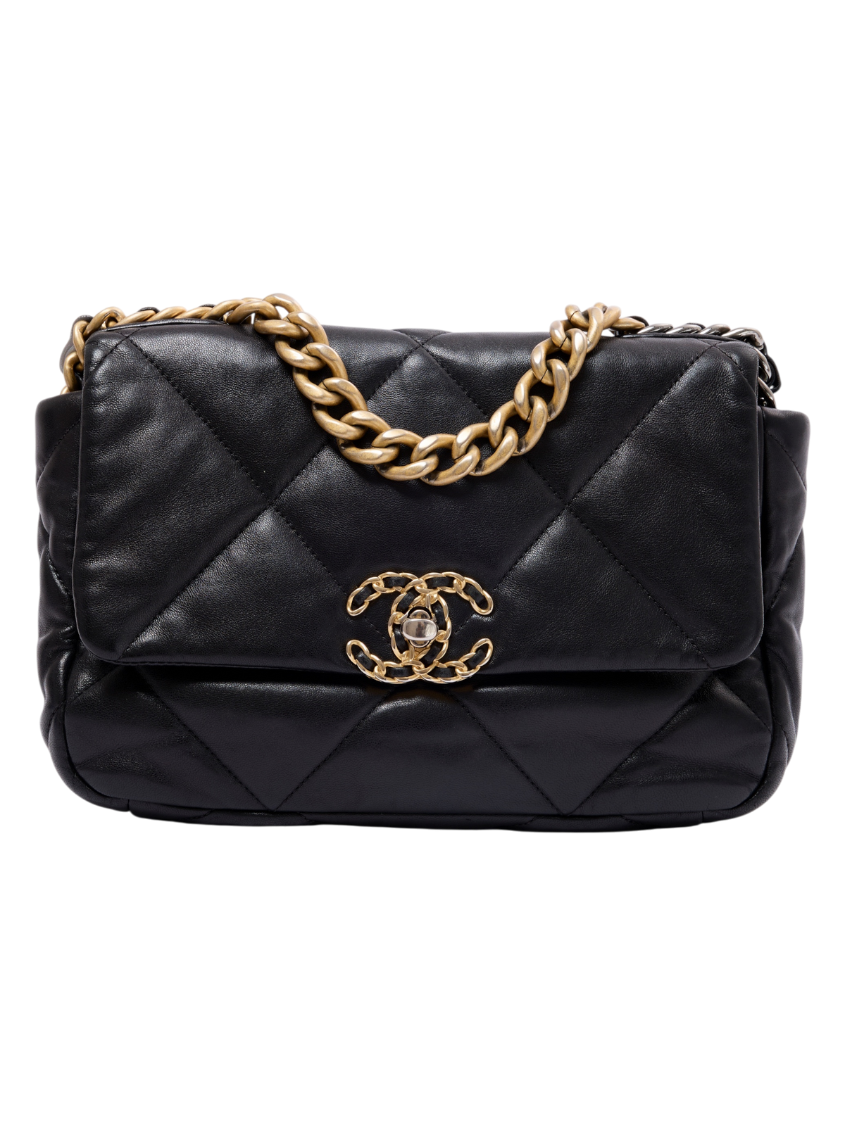 Hera Collective Chanel 19 small flap bag in black quilted leather with gold-tone chain strap and CC logo clasp