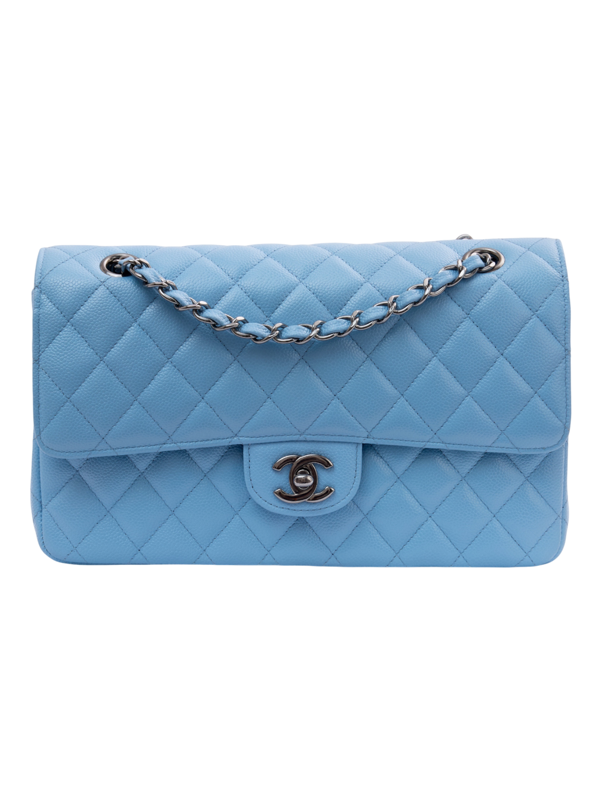 Hera Collective Chanel baby blue caviar leather quilted small double flap bag with CC turn-lock and chain strap