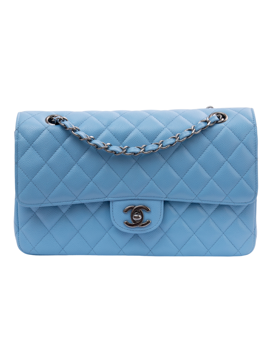 Hera Collective Chanel baby blue caviar leather quilted small double flap bag with CC turn-lock and chain strap