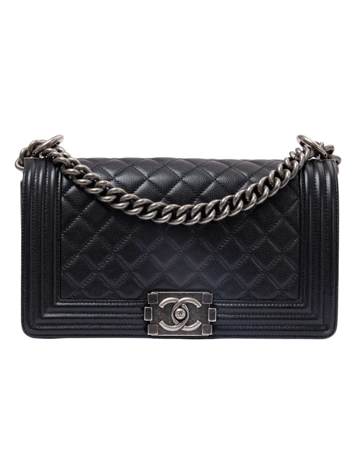 Hera Collective Chanel medium Boy bag in black quilted caviar leather with ruthenium chain strap and CC closure.