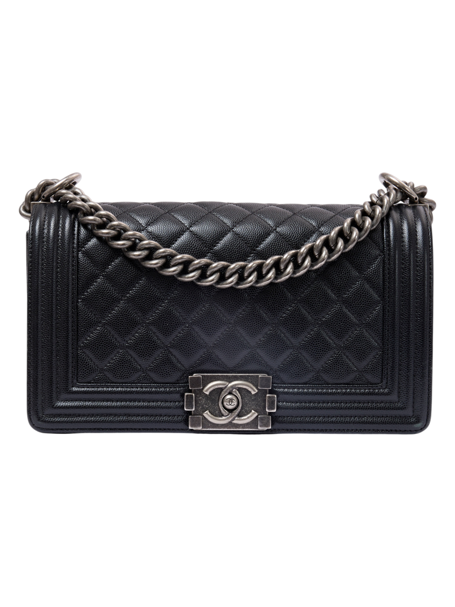 Hera Collective Chanel medium Boy bag in black quilted caviar leather with ruthenium chain strap and CC closure.