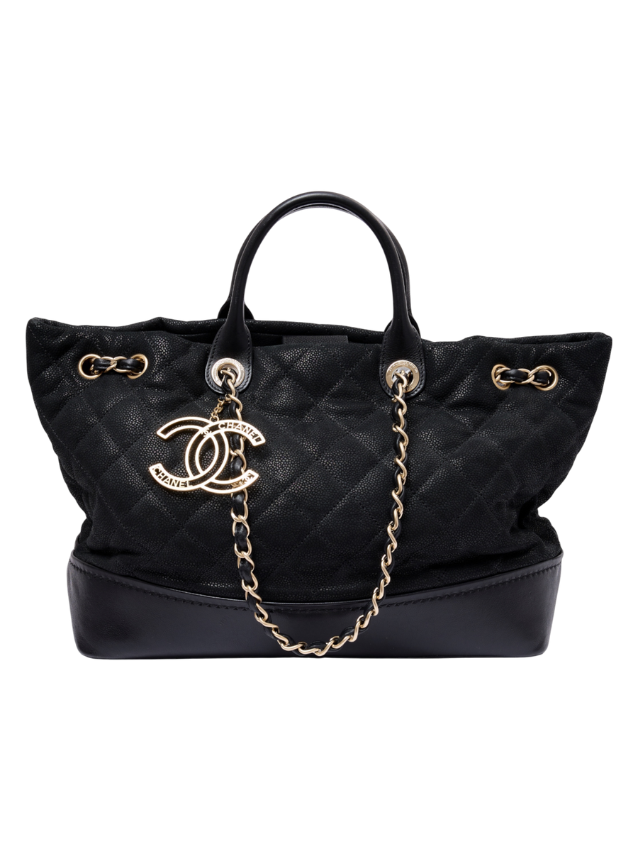 Hera Collective Chanel Globe Trotter tote bag in black quilted caviar leather with gold-tone chain and CC charm