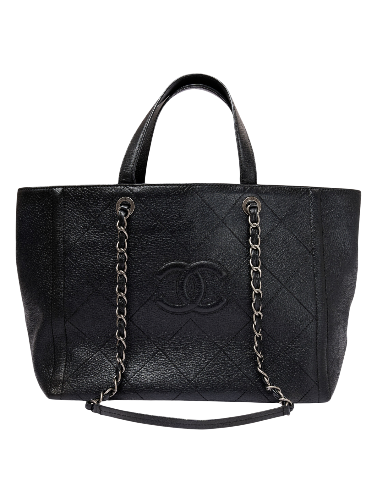 Hera Collective black deerskin Chanel shopping tote with quilted pattern, CC logo, and silver chain shoulder straps.