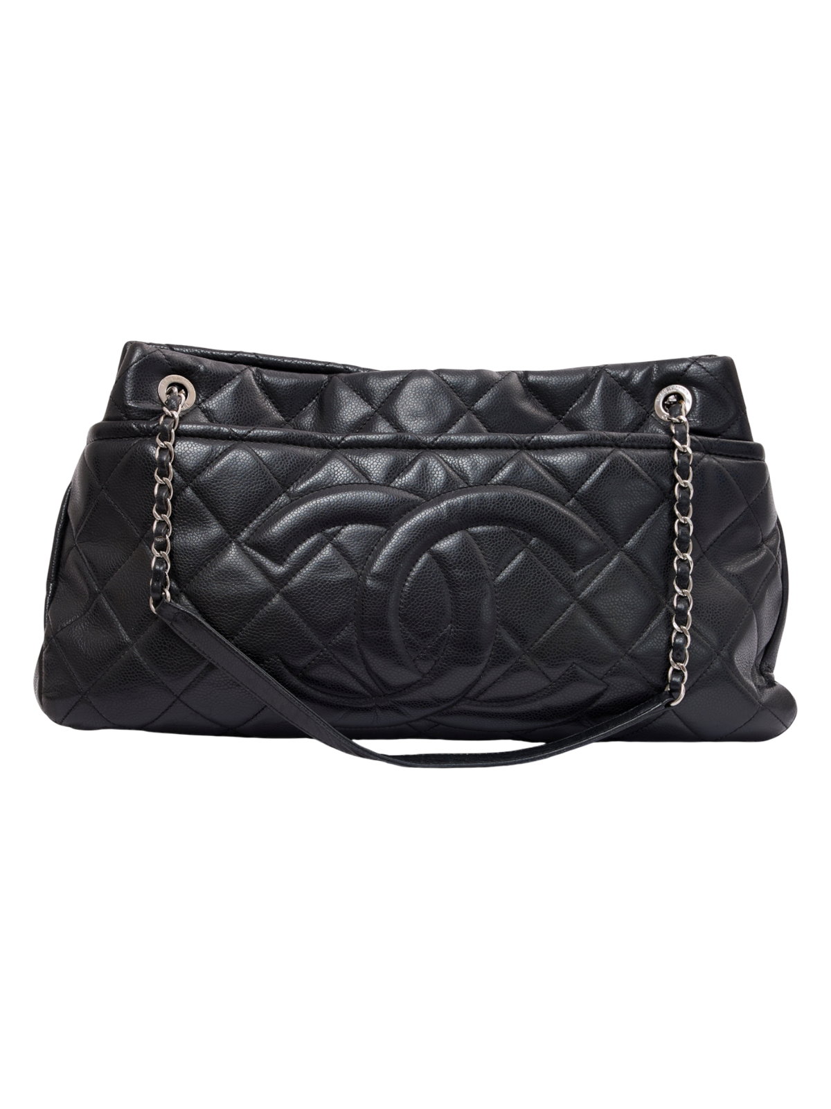 Hera Collective Chanel Timeless shopper tote in black diamond-quilted caviar leather with silver-tone chain straps.