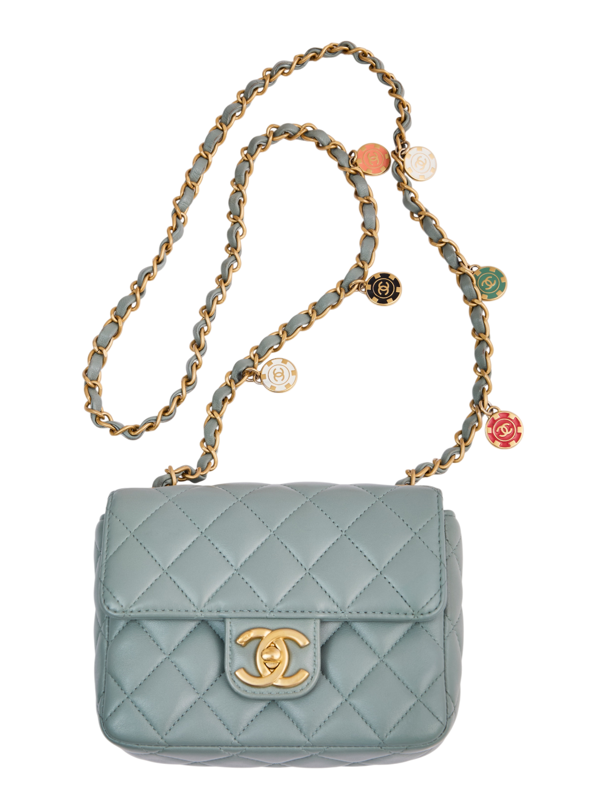 Hera Collective light-blue quilted lambskin Chanel square flap bag with gold CC lock and multi-colored casino charms