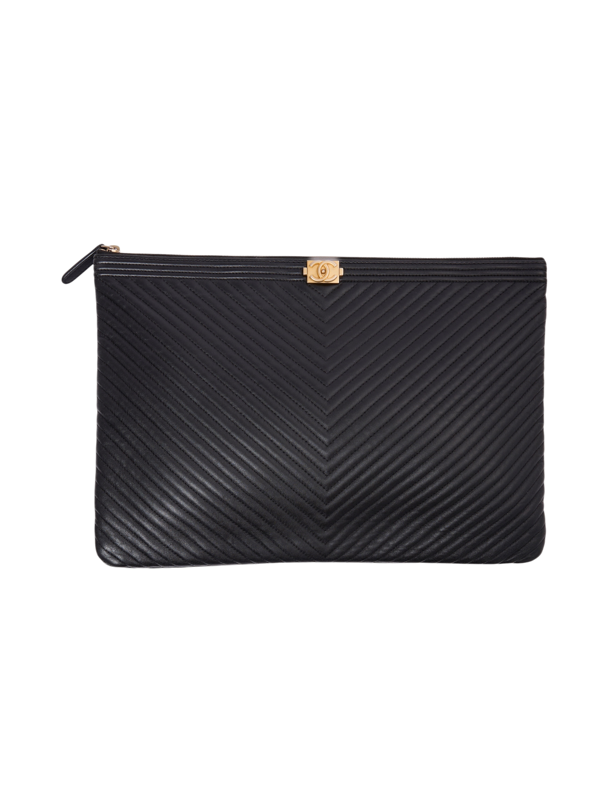 Hera Collective Chanel Boy O Clutch in black chevron quilted leather with gold-tone hardware and zip closure.