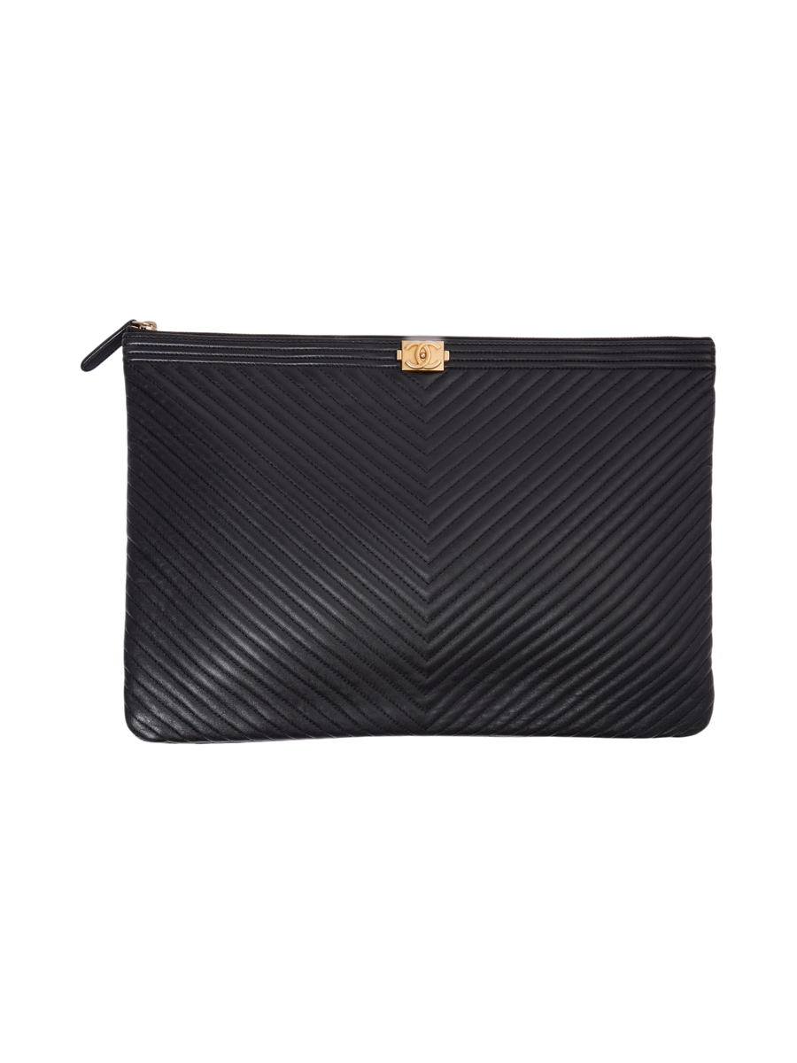Hera Collective Chanel Boy O Clutch in black chevron quilted leather with gold-tone hardware and zip closure.