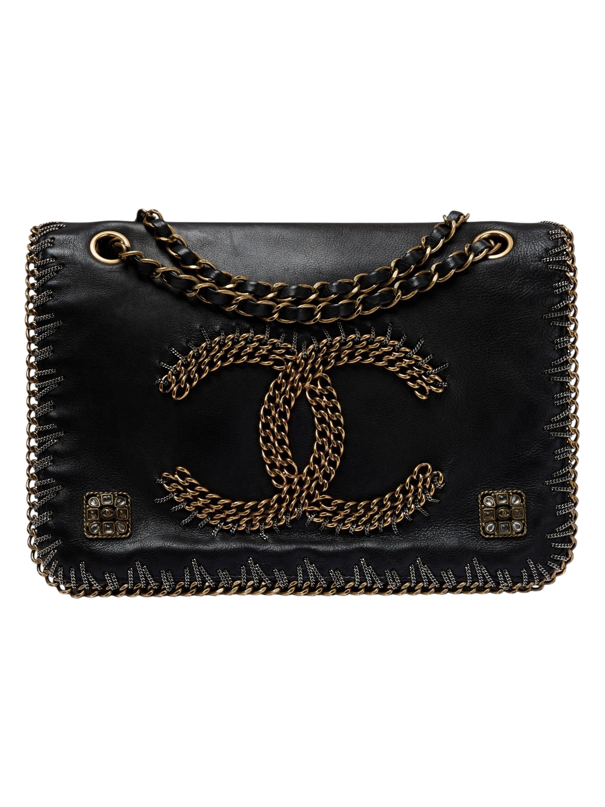 Hera Collective Chanel Paris-Byzance medium flap bag in black embroidered leather with gold-tone chain CC hardware.