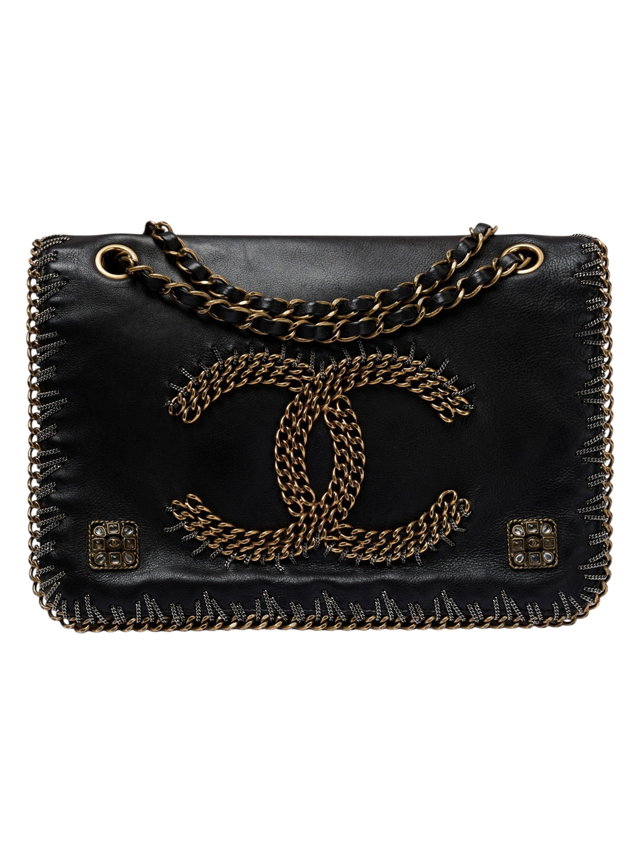 Hera Collective Chanel Paris-Byzance medium flap bag in black embroidered leather with gold-tone chain CC hardware.