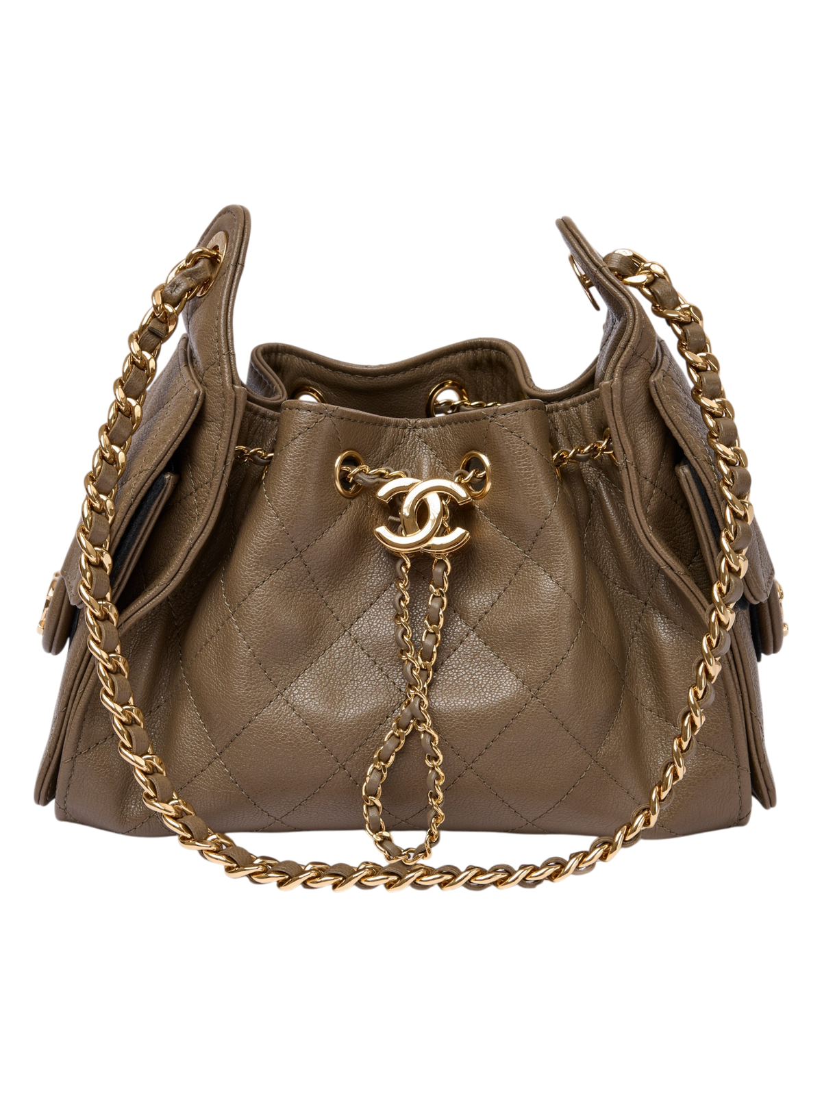 Hera Collective Chanel 25 Mini handbag in khaki caviar leather with quilted texture and gold-tone chain strap