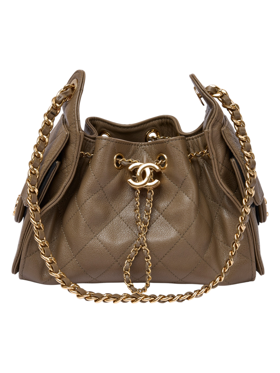 Hera Collective Chanel 25 Mini handbag in khaki caviar leather with quilted texture and gold-tone chain strap