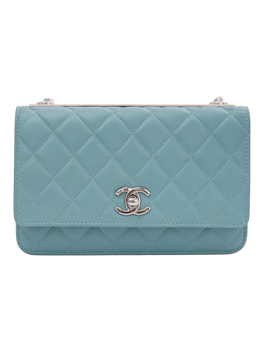Hera Collective Chanel light blue quilted lambskin leather Trendy Wallet on Chain with silver-tone CC logo hardware