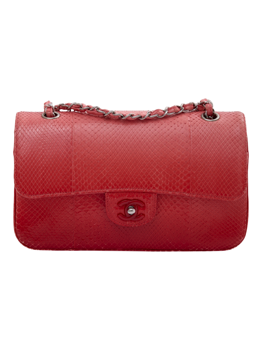 Hera Collective Chanel pink ombre python classic double flap bag with gold-tone CC turn-lock and chain strap