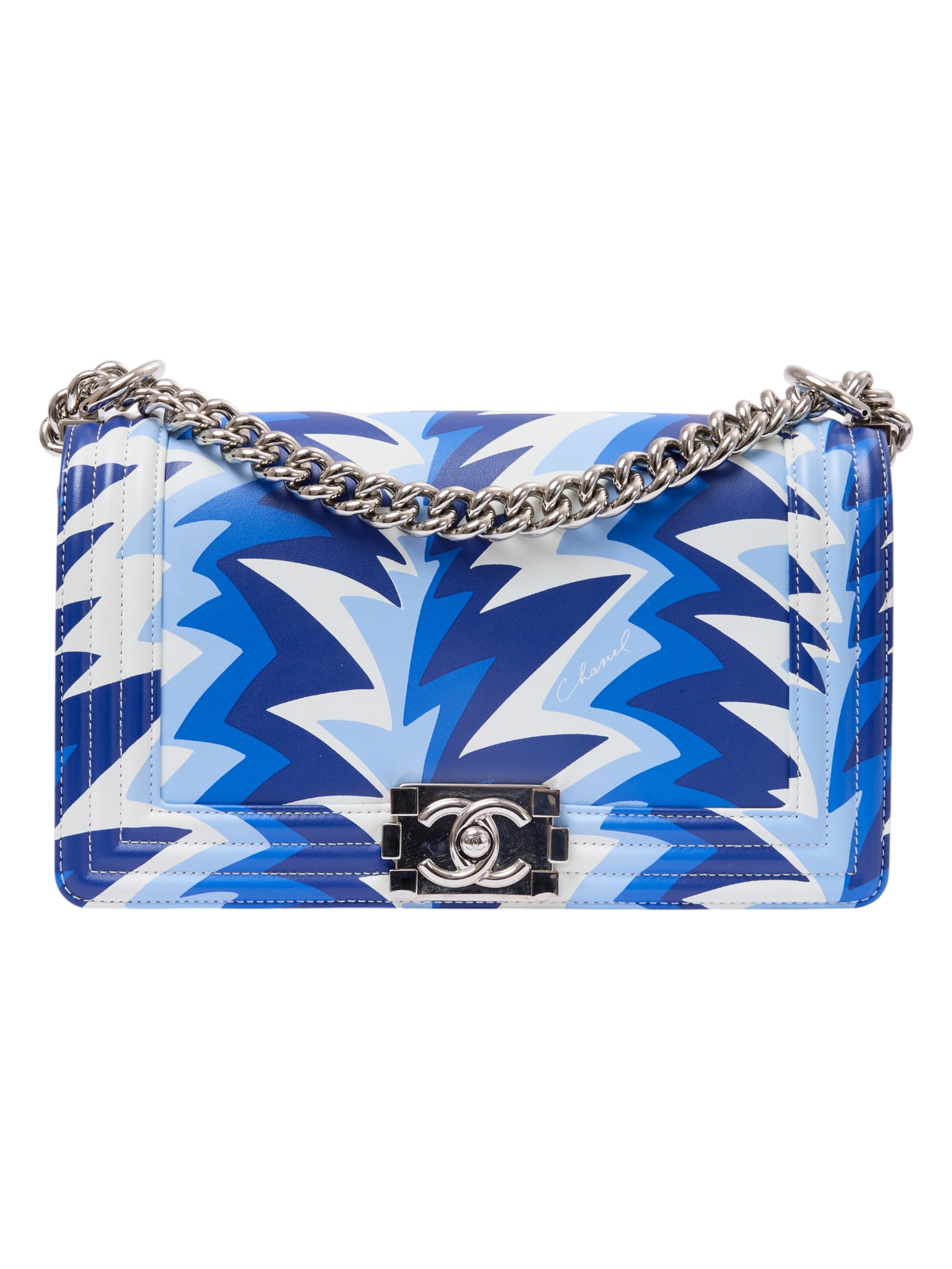 Hera Collective Chanel medium Boy Bag in blue and white printed calfskin leather with signature CC hardware