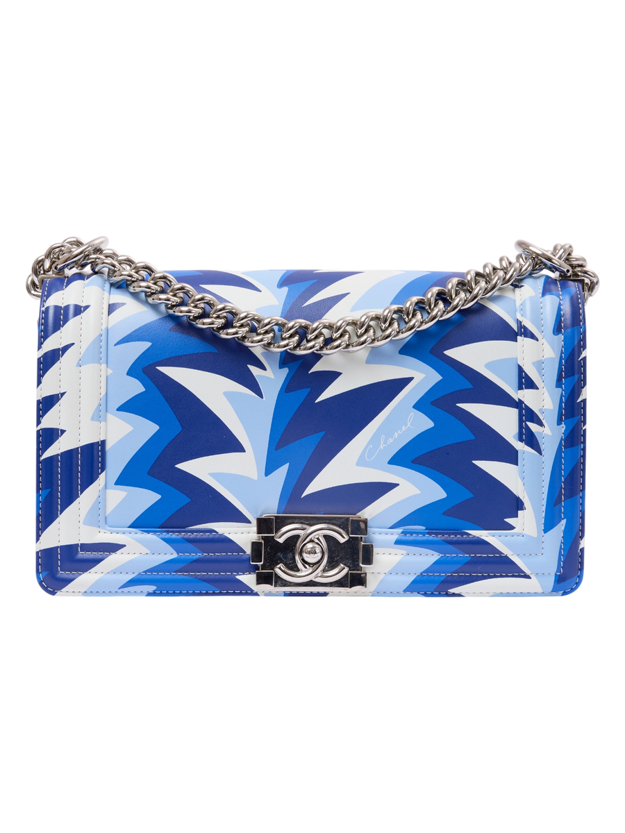 Hera Collective Chanel medium Boy Bag in blue and white printed calfskin leather with signature CC hardware