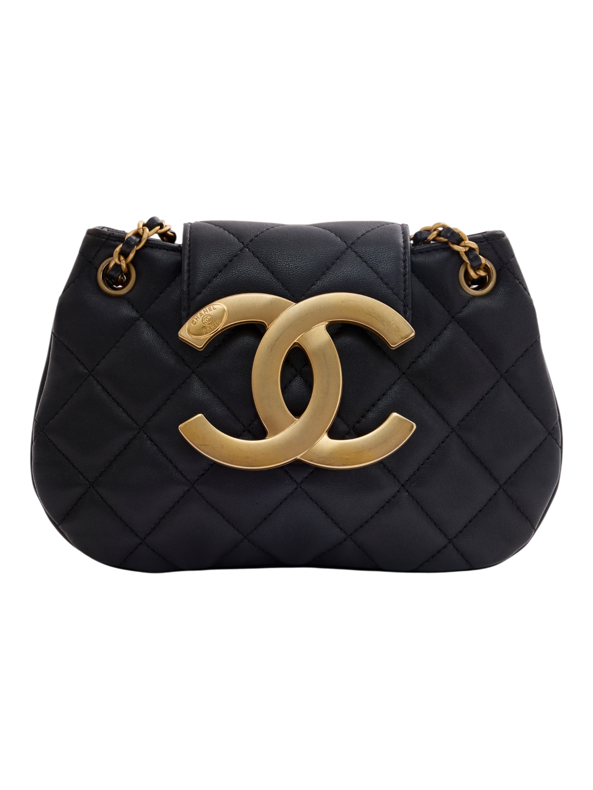 Hera Collective vintage Chanel black quilted lambskin messenger bag with oversized brushed-gold CC logo and chain strap