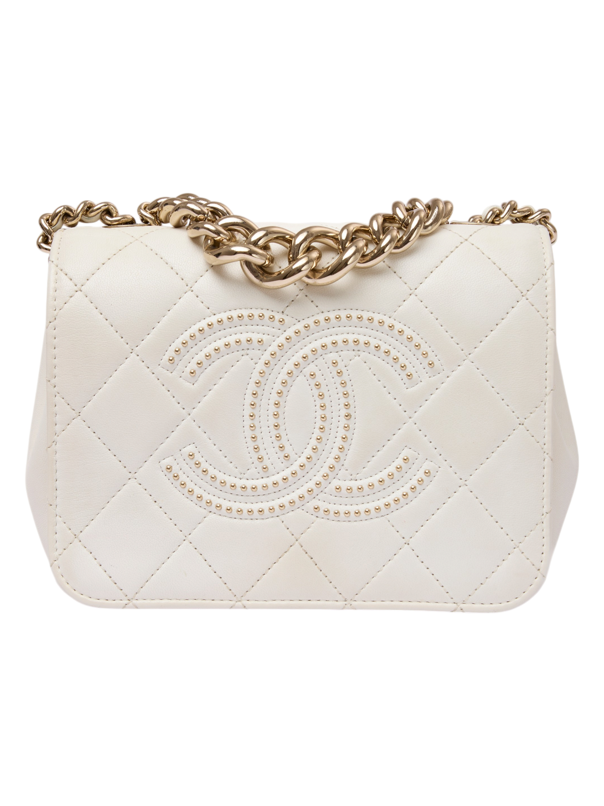 Hera Collective white quilted leather Chanel Beauty Begins flap bag with gold chain strap and studded CC logo