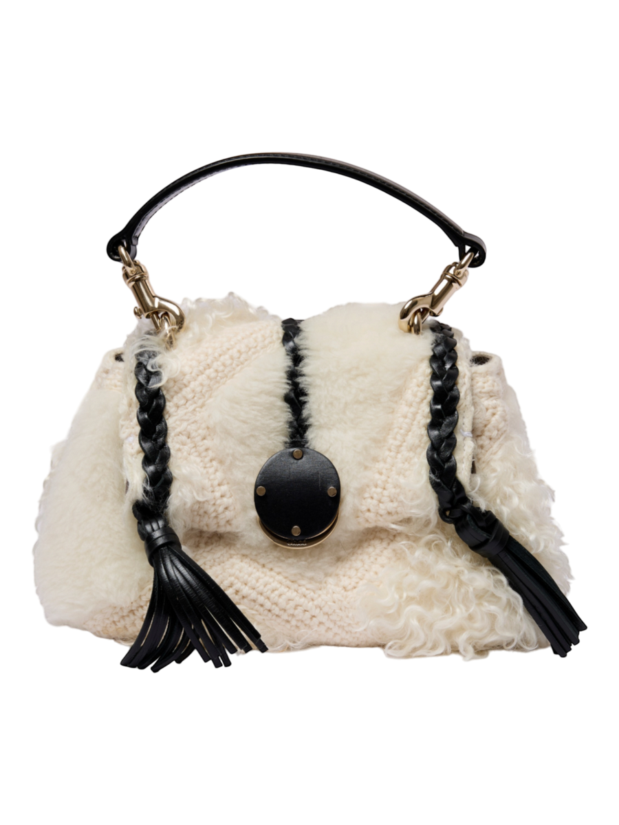 Hera Collective Chloe Mini Penelope bag in snow white crochet and genuine shearling with black leather braided tassels