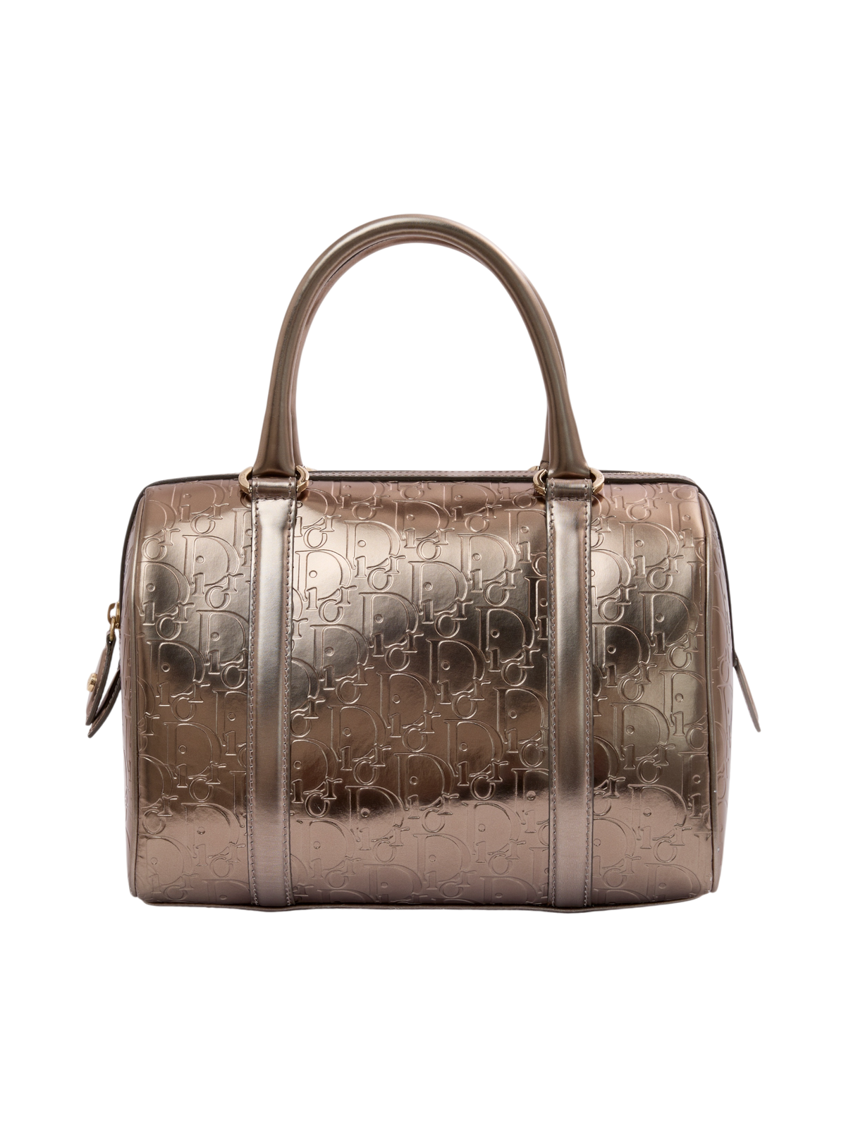 Hera Collective metallic gold Dior Oblique monogram leather Boston bag with rolled handles and zip closure