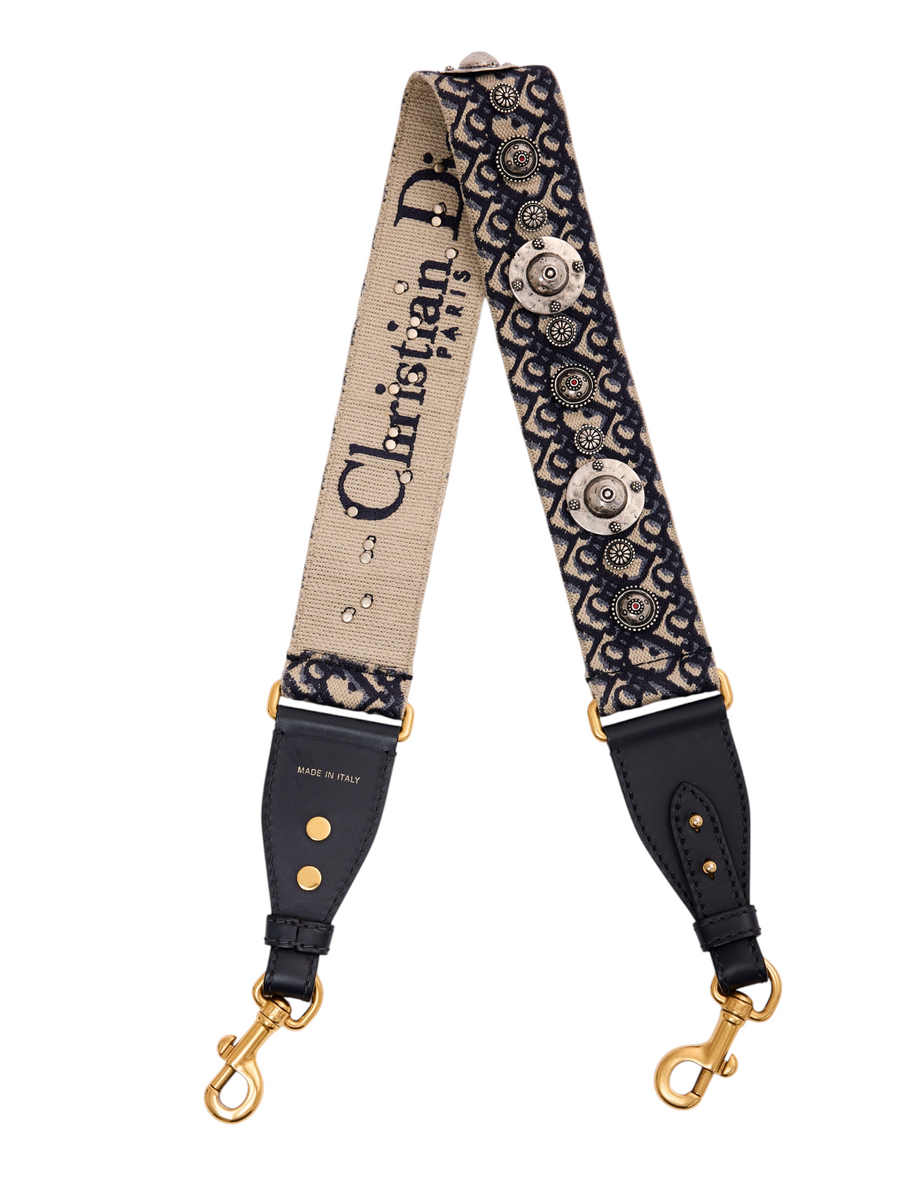 Hera Collective Christian Dior blue oblique canvas shoulder strap with leather trim and polished metal studs