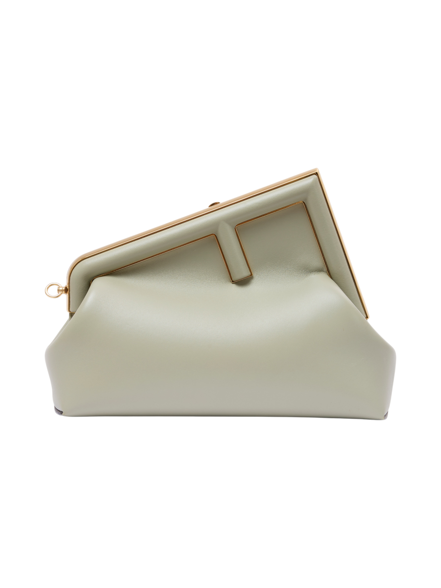 Hera Collective medium gray Fendi First clutch bag featuring a structured leather frame and gold-tone metal hardware.