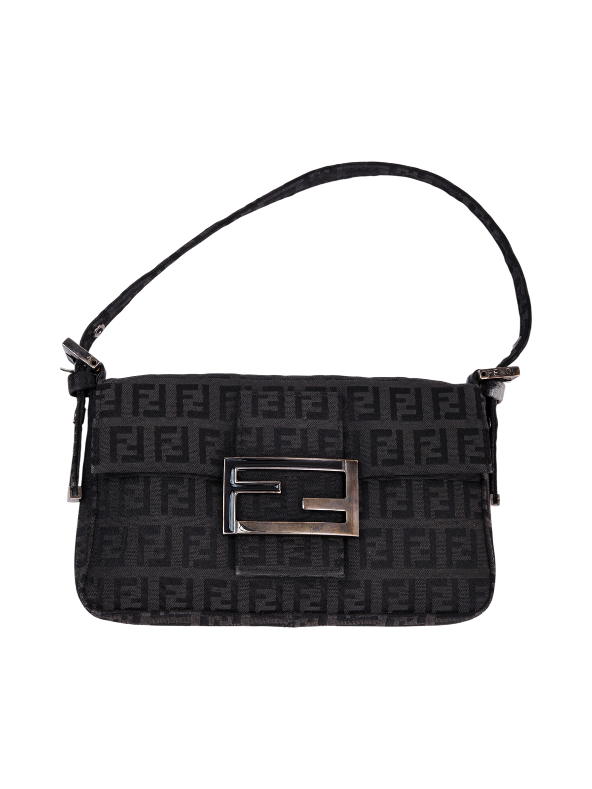 Hera Collective vintage black Fendi Zucchino canvas mini Baguette bag with silver FF logo buckle and leather trim.