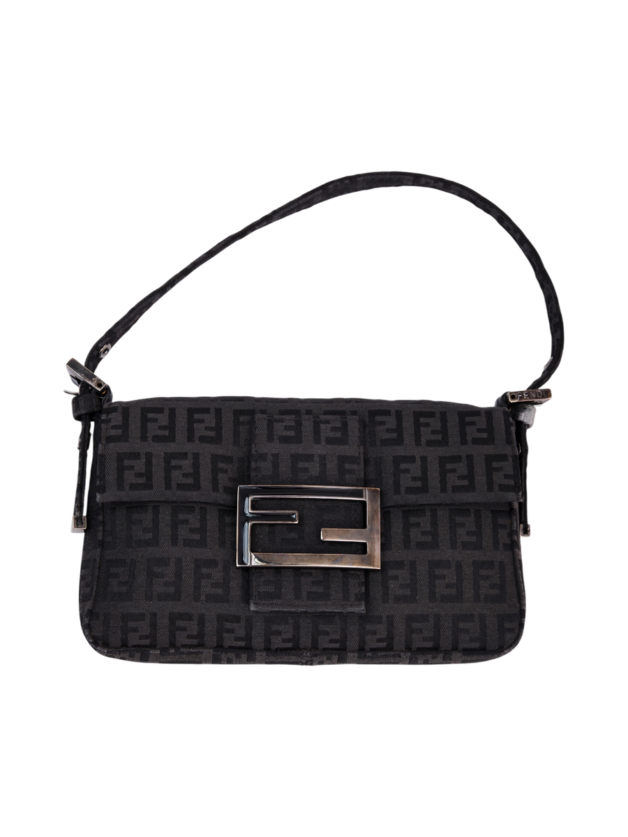 Hera Collective vintage black Fendi Zucchino canvas mini Baguette bag with silver FF logo buckle and leather trim.