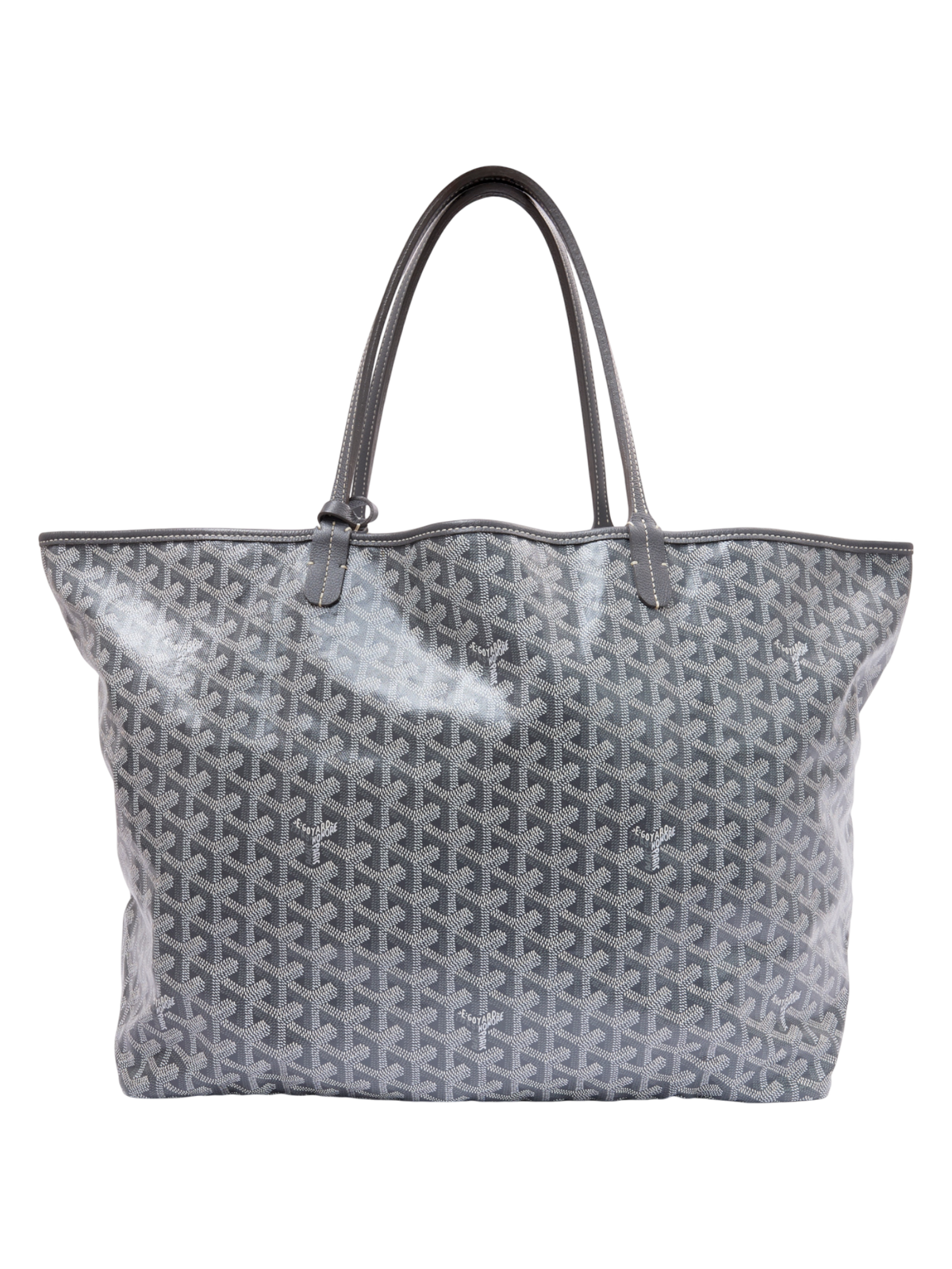 Hera Collective grey Goyard Saint Louis GM tote bag featuring the iconic chevron print and leather handles.