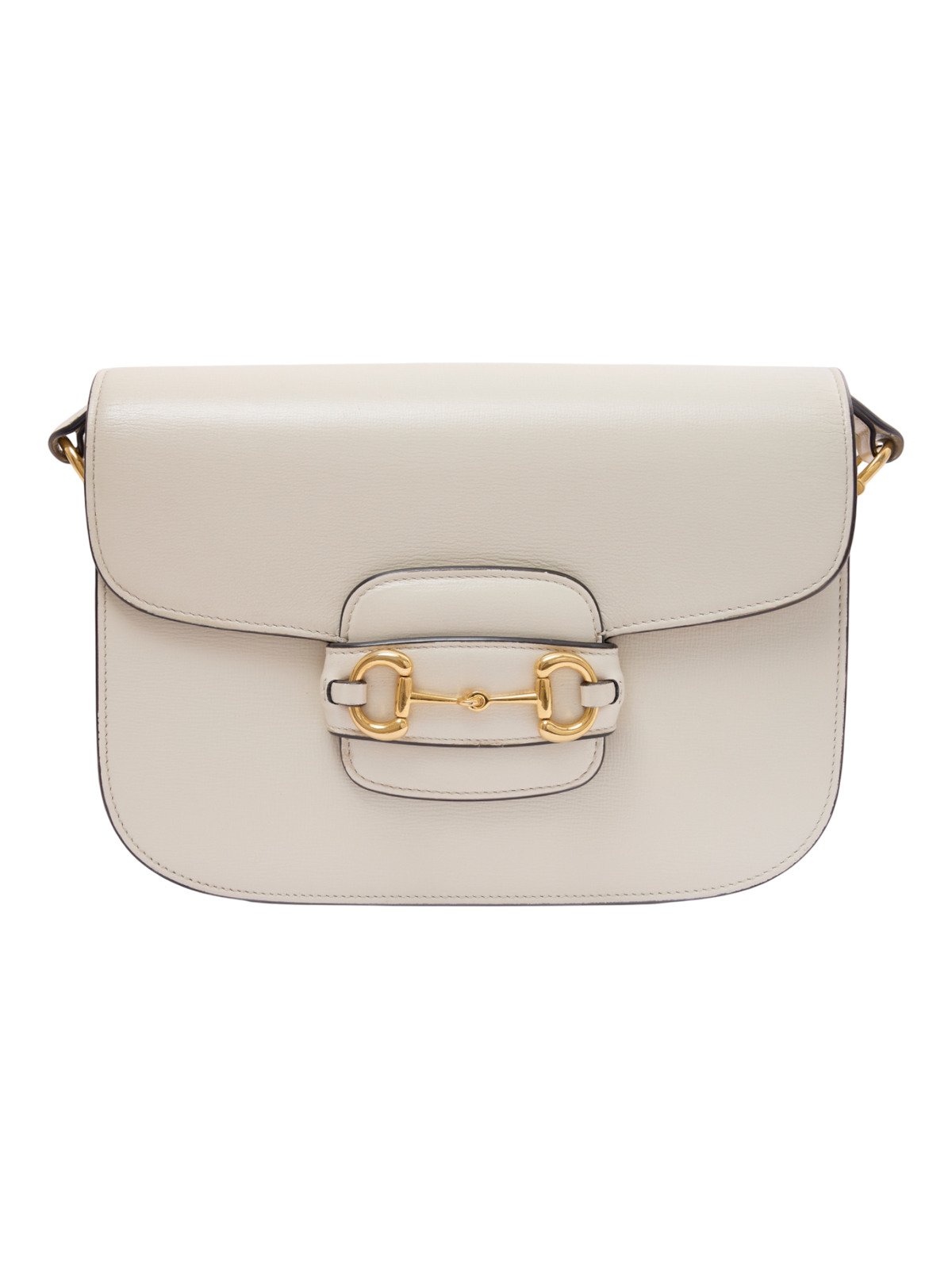 Hera Collective Gucci Horsebit 1955 shoulder bag in white smooth calfskin leather with gold-tone horsebit hardware.