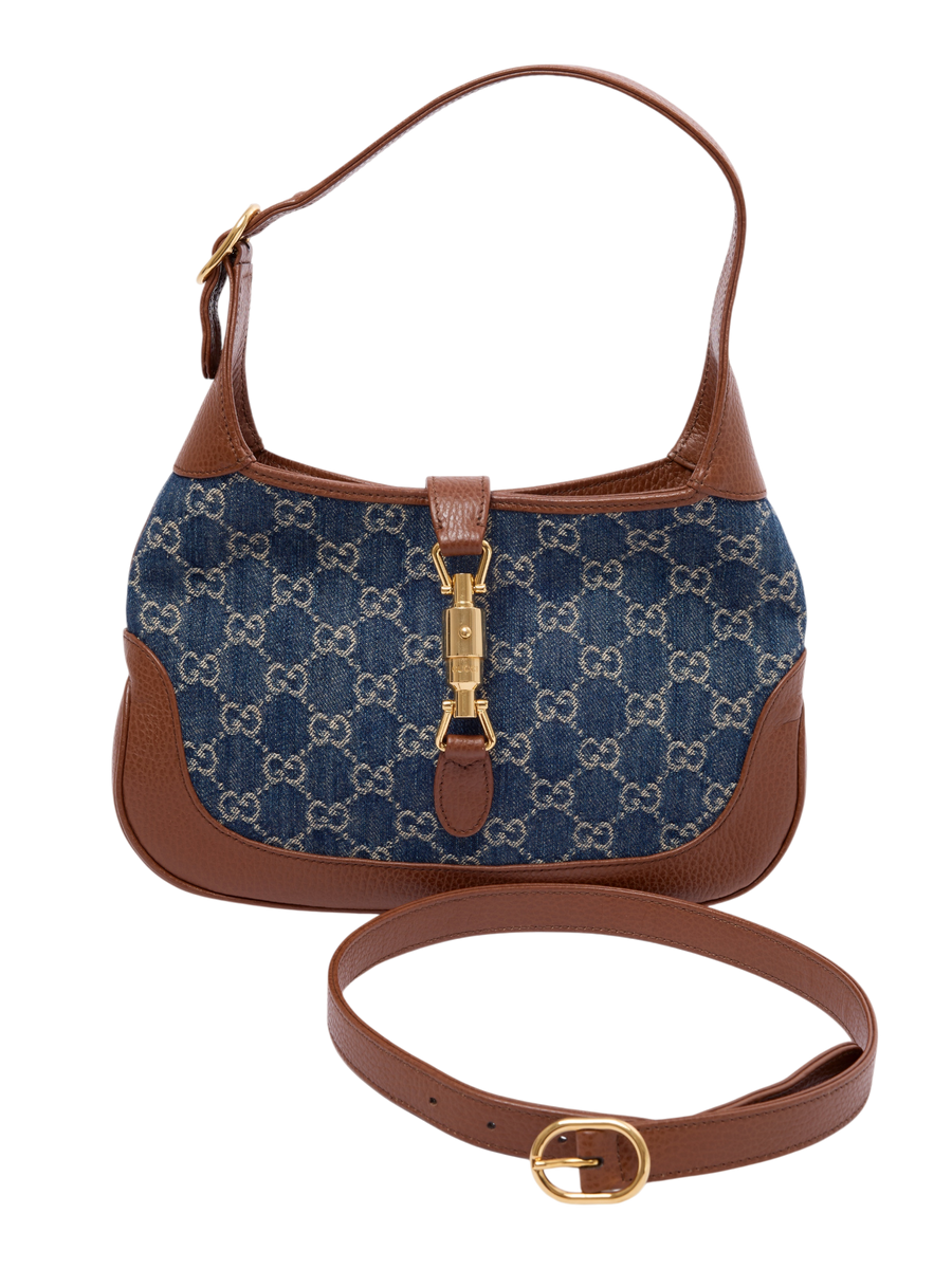 Hera Collective Gucci Jackie 1961 hobo bag in blue GG monogram denim with brown calfskin leather trim and gold hardware