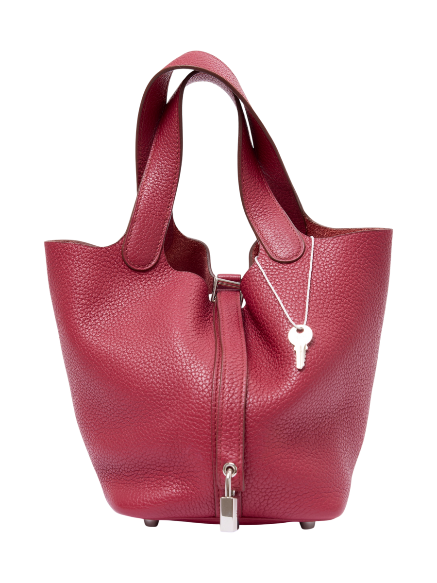 Hera Collective Hermes Picotin 18 PM handbag in burgundy pebbled leather with palladium hardware and lock detail