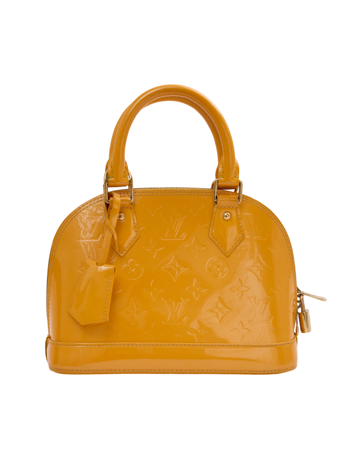 Hera Collective Louis Vuitton Alma BB in Jaune Passion yellow monogram embossed Vernis patent leather with brass trim