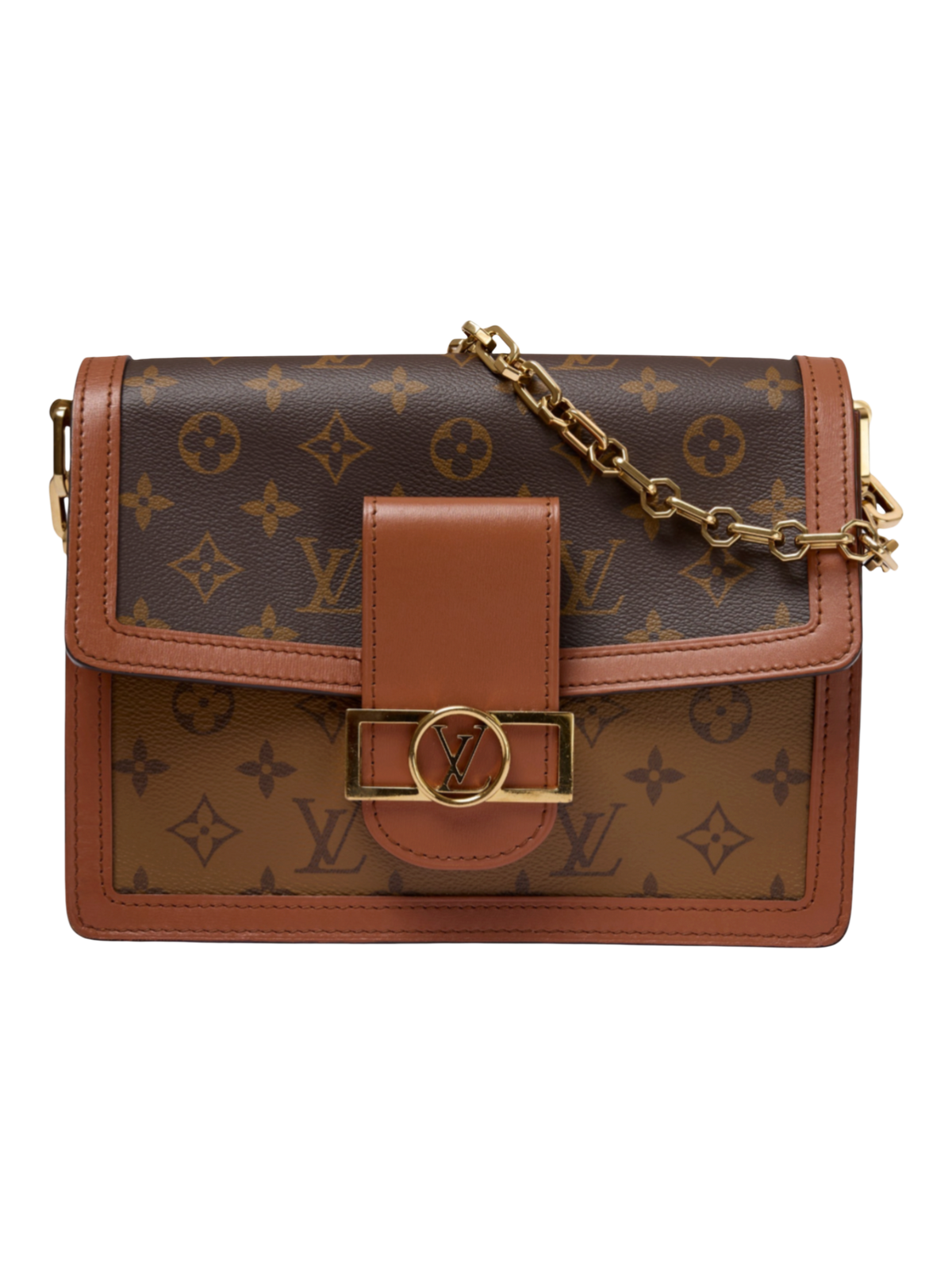 Hera Collective Louis Vuitton Dauphine MM bag in reverse monogram canvas with brown leather trim and gold chain strap