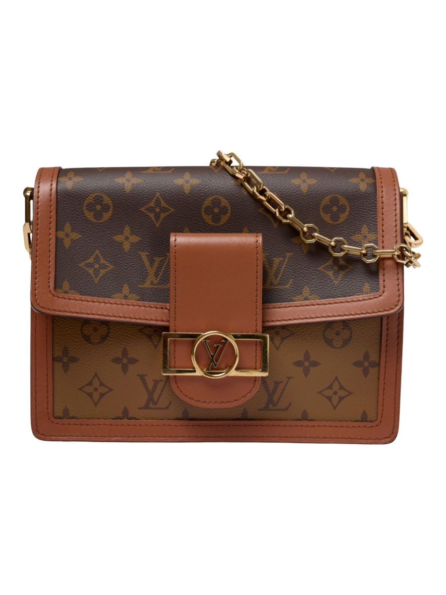 Hera Collective Louis Vuitton Dauphine MM bag in reverse monogram canvas with brown leather trim and gold chain strap