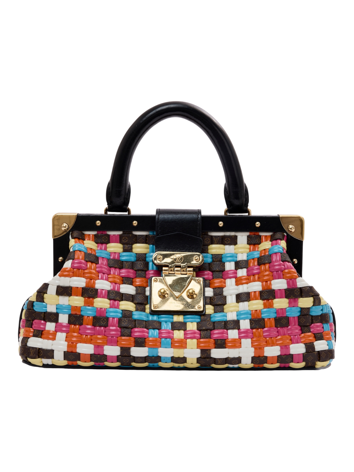 Hera Collective Louis Vuitton multicolor woven clutch with black leather frame, gold S-lock, and structured handle.
