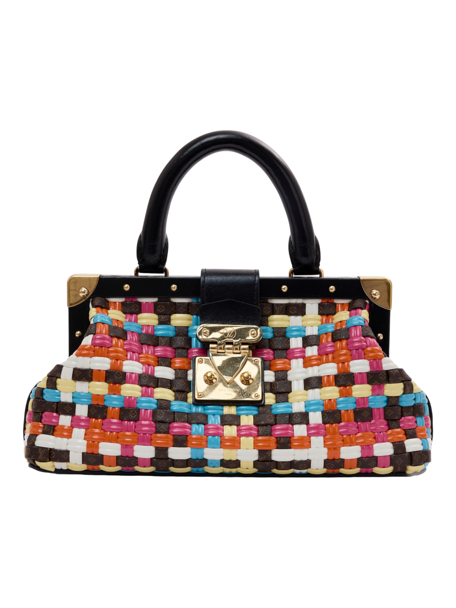 Hera Collective Louis Vuitton multicolor woven clutch with black leather frame, gold S-lock, and structured handle.