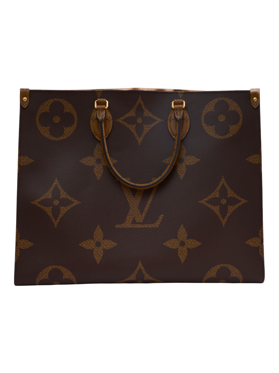 Hera Collective Louis Vuitton OnTheGo GM tote in brown Giant Reverse Monogram coated canvas with gold-tone hardware.