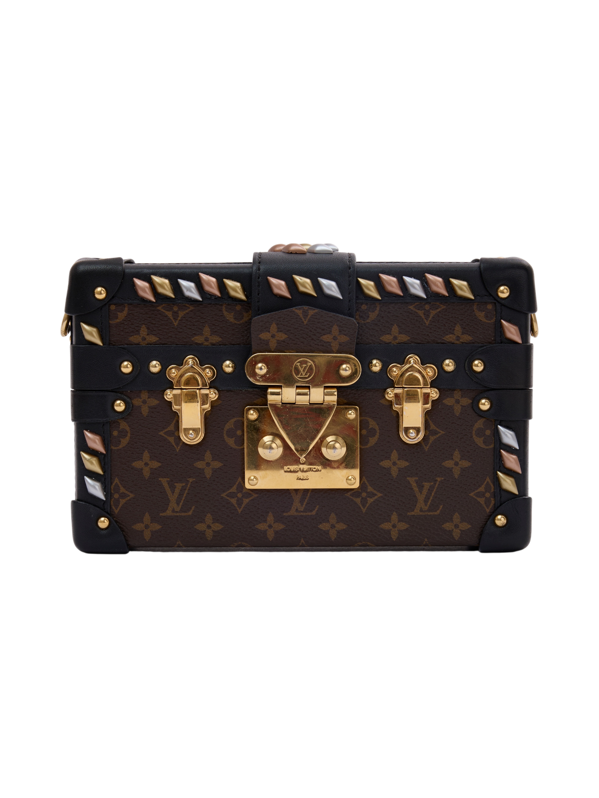 Hera Collective Louis Vuitton Petite Malle bag in monogram canvas with black leather trim and gold-tone studded detail