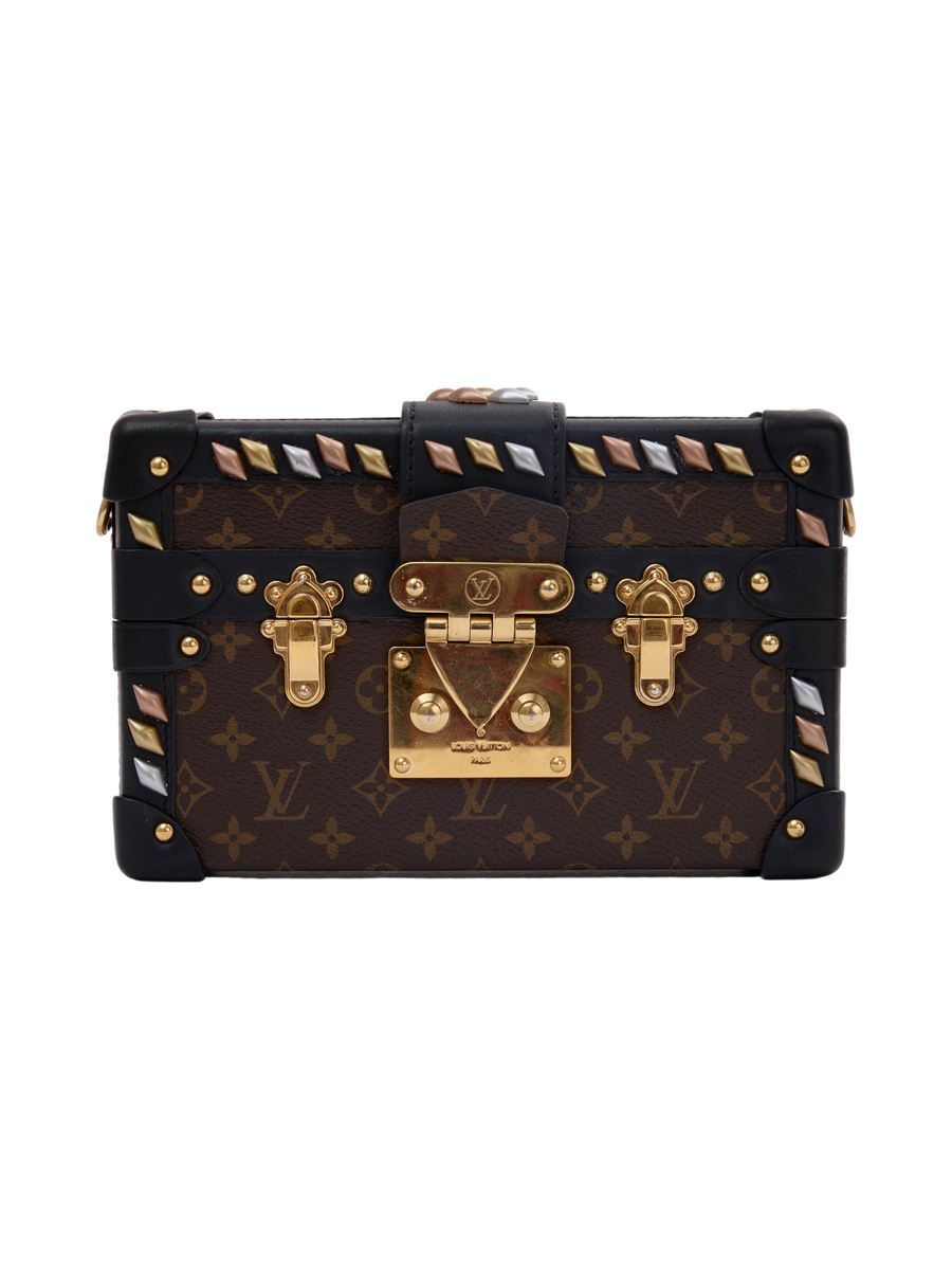 Hera Collective Louis Vuitton Petite Malle bag in monogram canvas with black leather trim and gold-tone studded detail