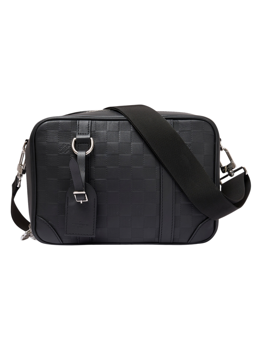 Hera Collective Louis Vuitton Sirius messenger bag in black Damier Infini leather with silver hardware and strap.