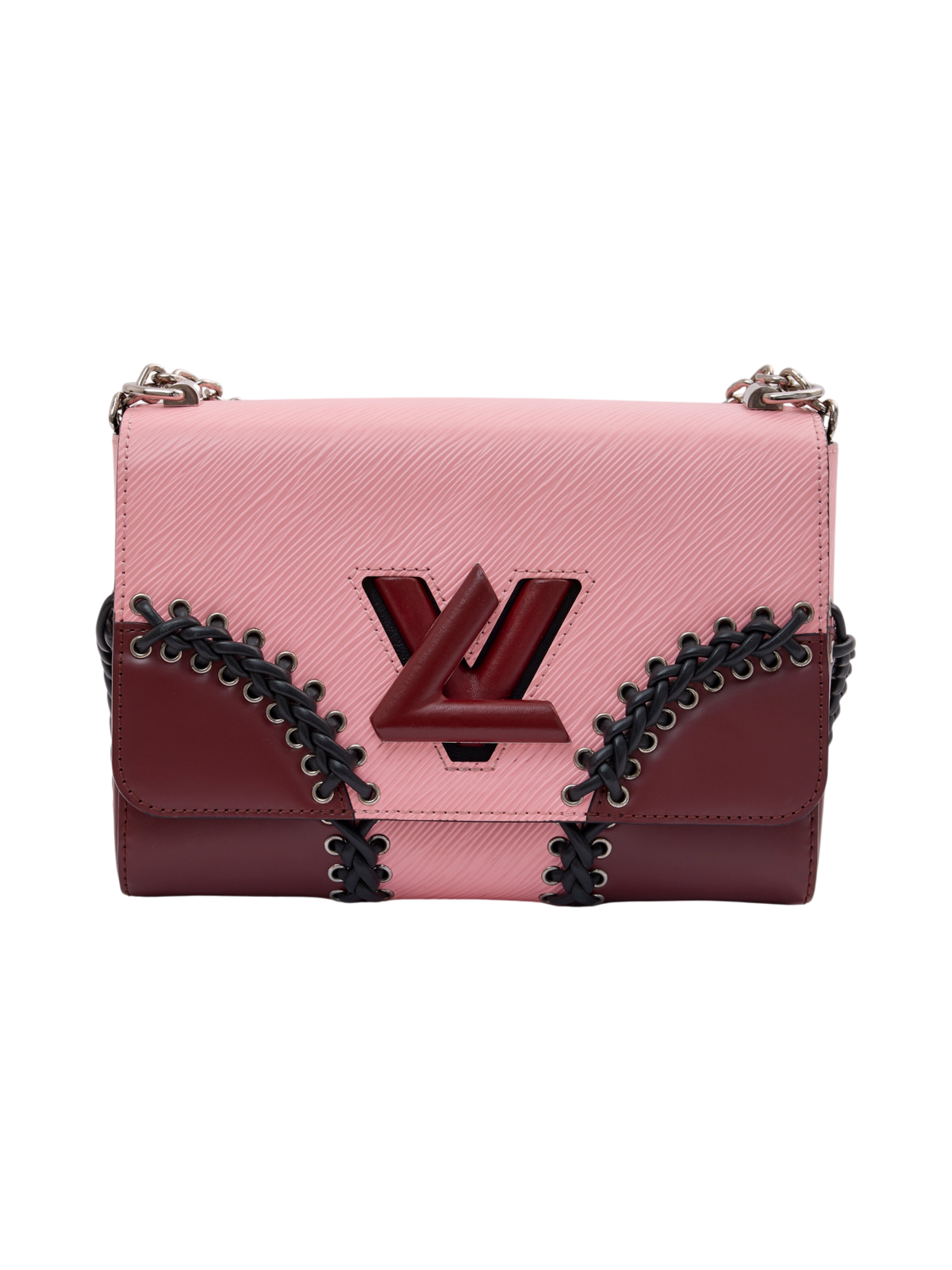 Hera Collective Louis Vuitton Twist MM bag in pink and prune Epi leather with silver LV twist-lock and braided trim.
