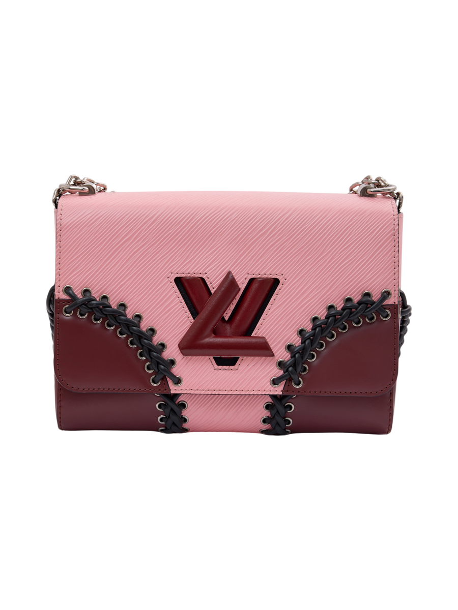 Hera Collective Louis Vuitton Twist MM bag in pink and prune Epi leather with silver LV twist-lock and braided trim.