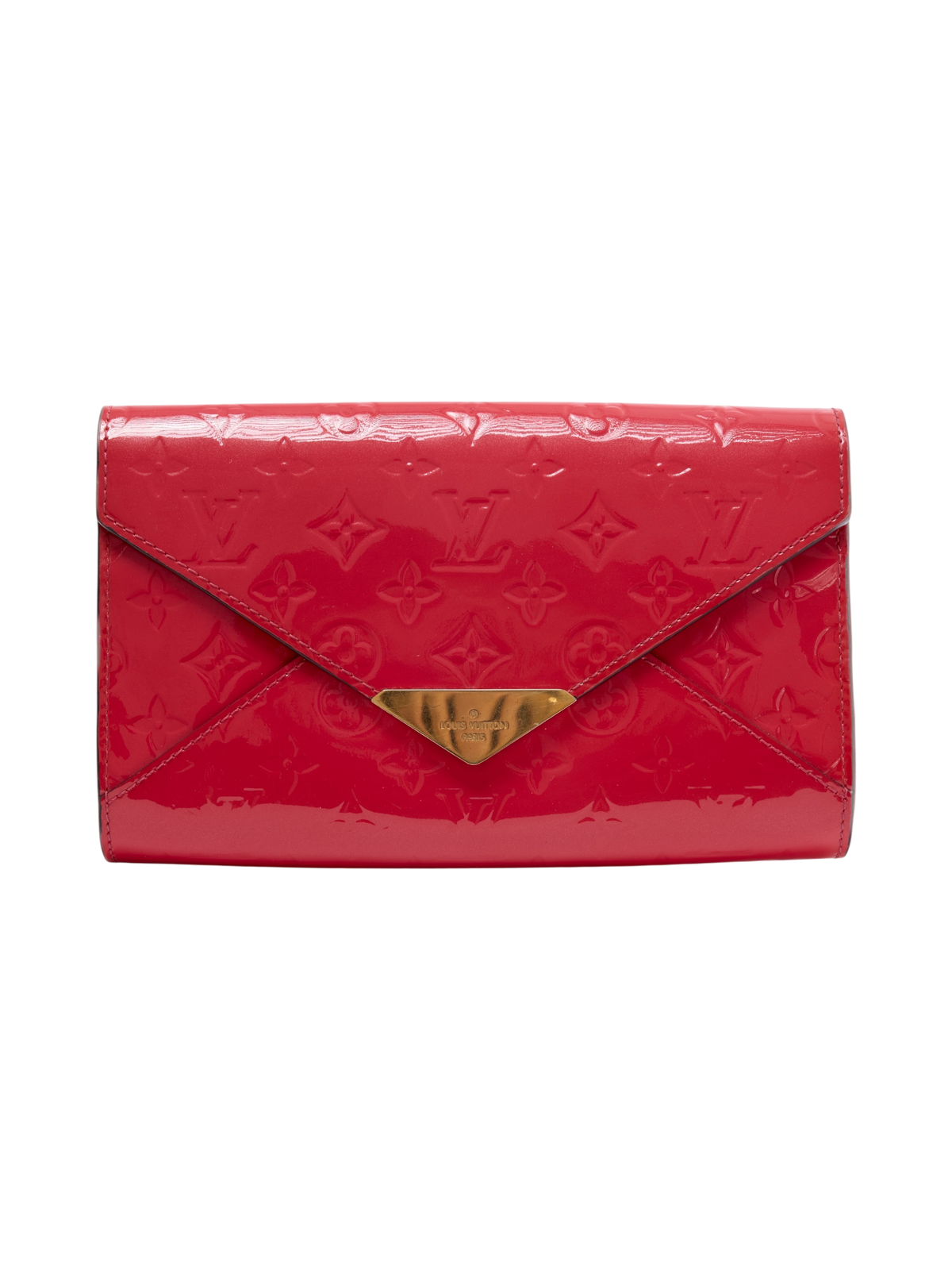 Hera Collective Louis Vuitton Vernis Mira MV clutch in hot pink patent leather with gold-tone V-shaped hardware