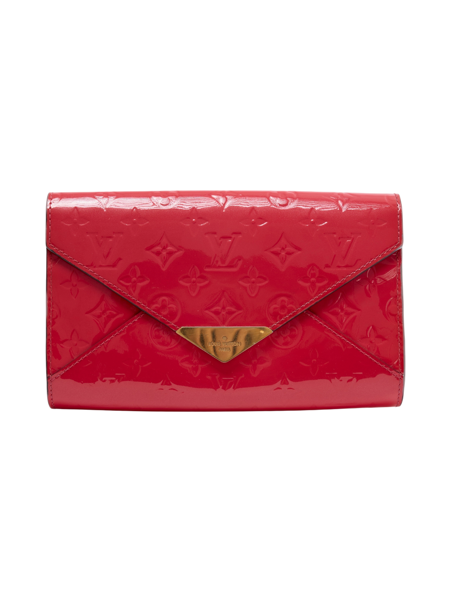 Hera Collective Louis Vuitton Vernis Mira MV clutch in hot pink patent leather with gold-tone V-shaped hardware