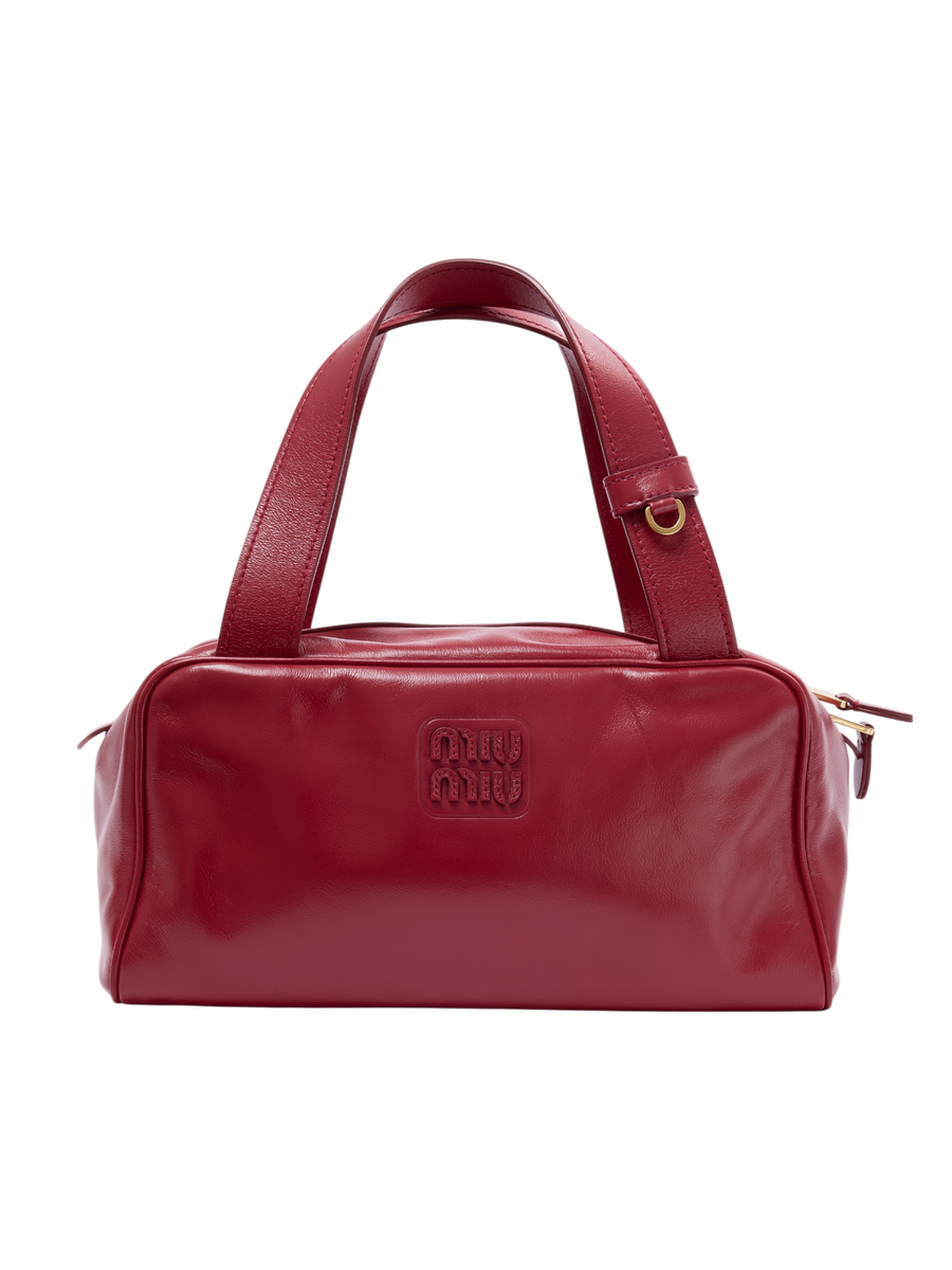 Hera Collective Miu Miu burgundy leather shoulder bag with embossed logo and gold hardware details