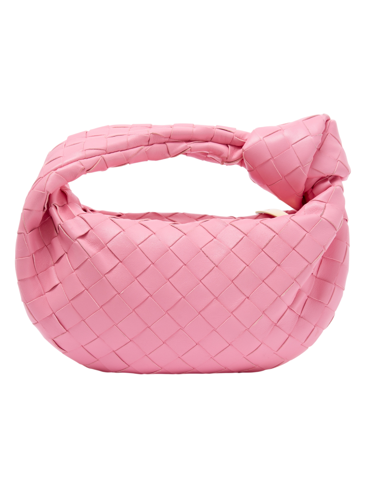 Hera Collective Bottega Veneta pink Mini Jodie handbag in signature woven leather with a knotted top handle.