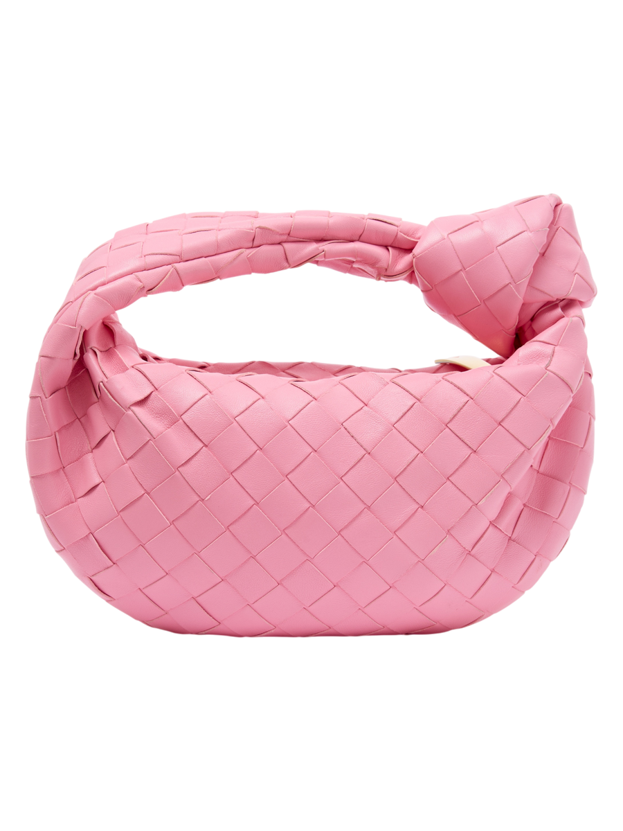 Hera Collective Bottega Veneta pink Mini Jodie handbag in signature woven leather with a knotted top handle.